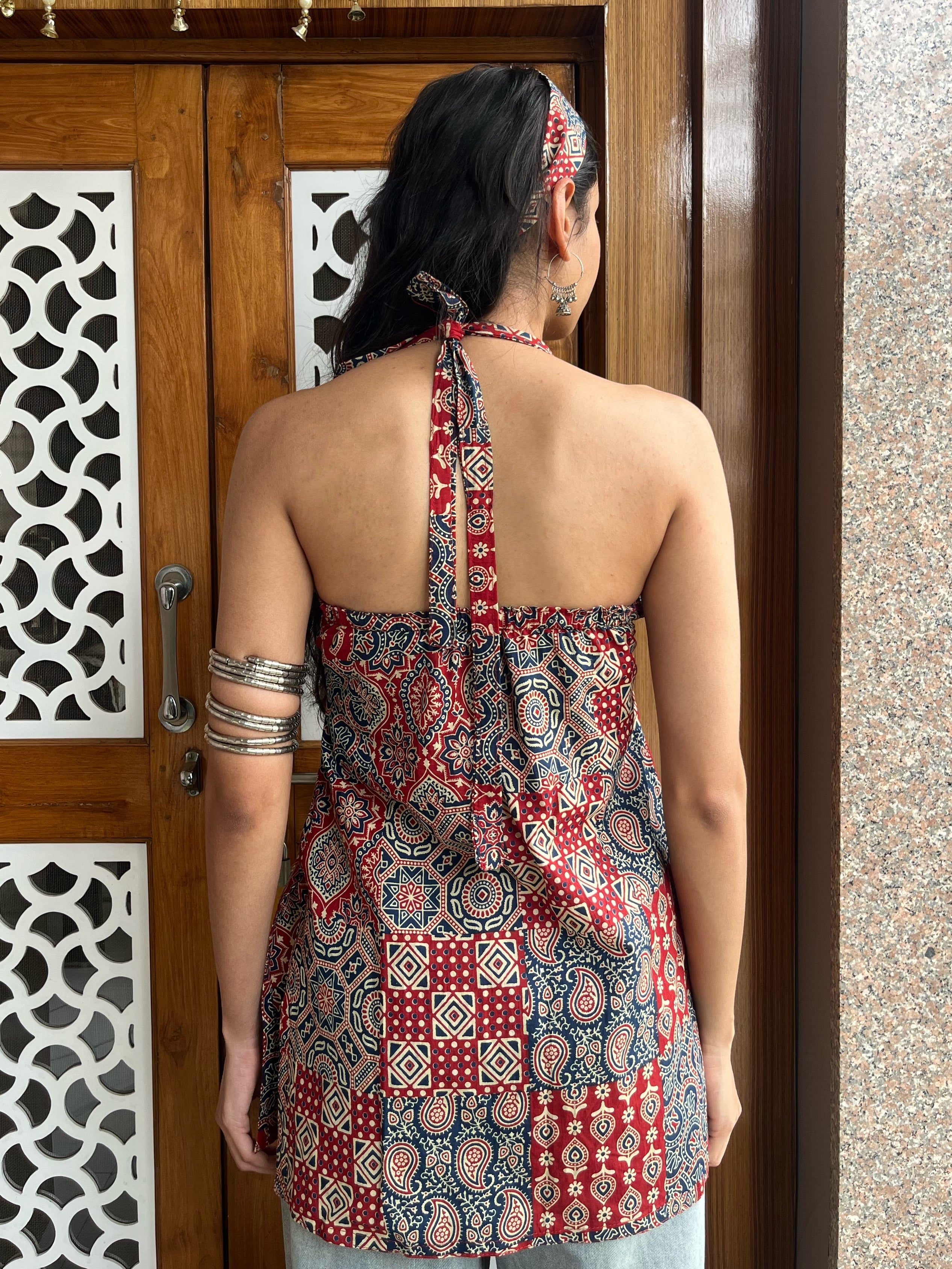 Kumkum Halter Neck Short Kurti (with hair band / hair tie)