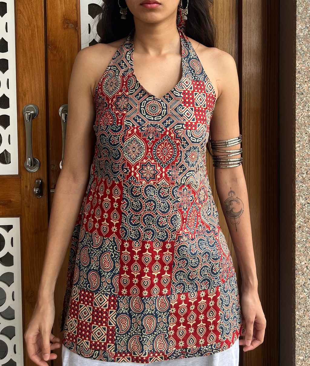 Kumkum Halter Neck Short Kurti (with hair band / hair tie)