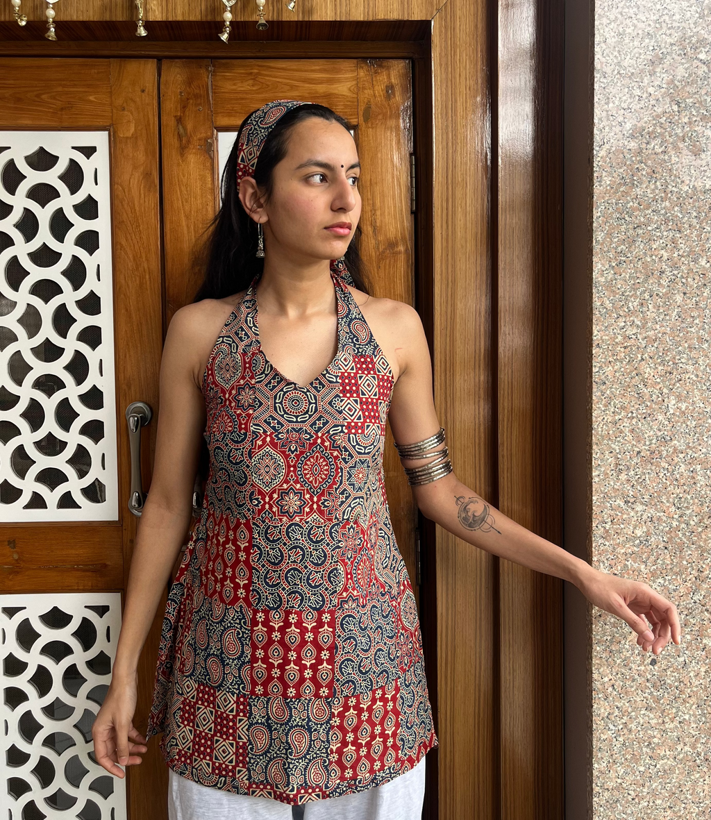 Kumkum Halter Neck Short Kurti (with hair band / hair tie)