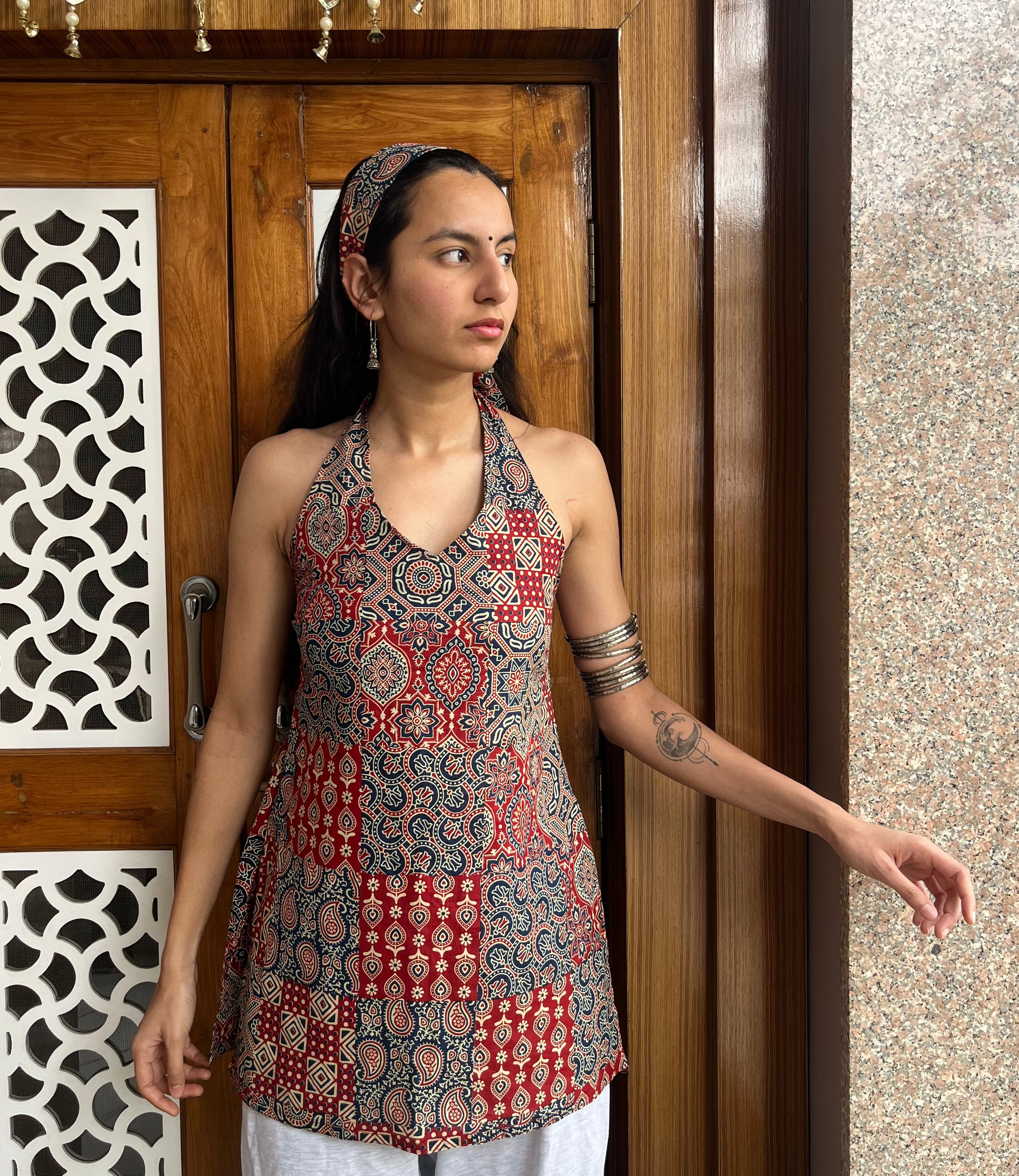 Kumkum Halter Neck Short Kurti (with hair band / hair tie)